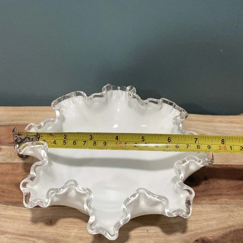 Vintage Fenton Silver Crest White Milk Glass Ruffled Edge Bowl Candy Dish 8